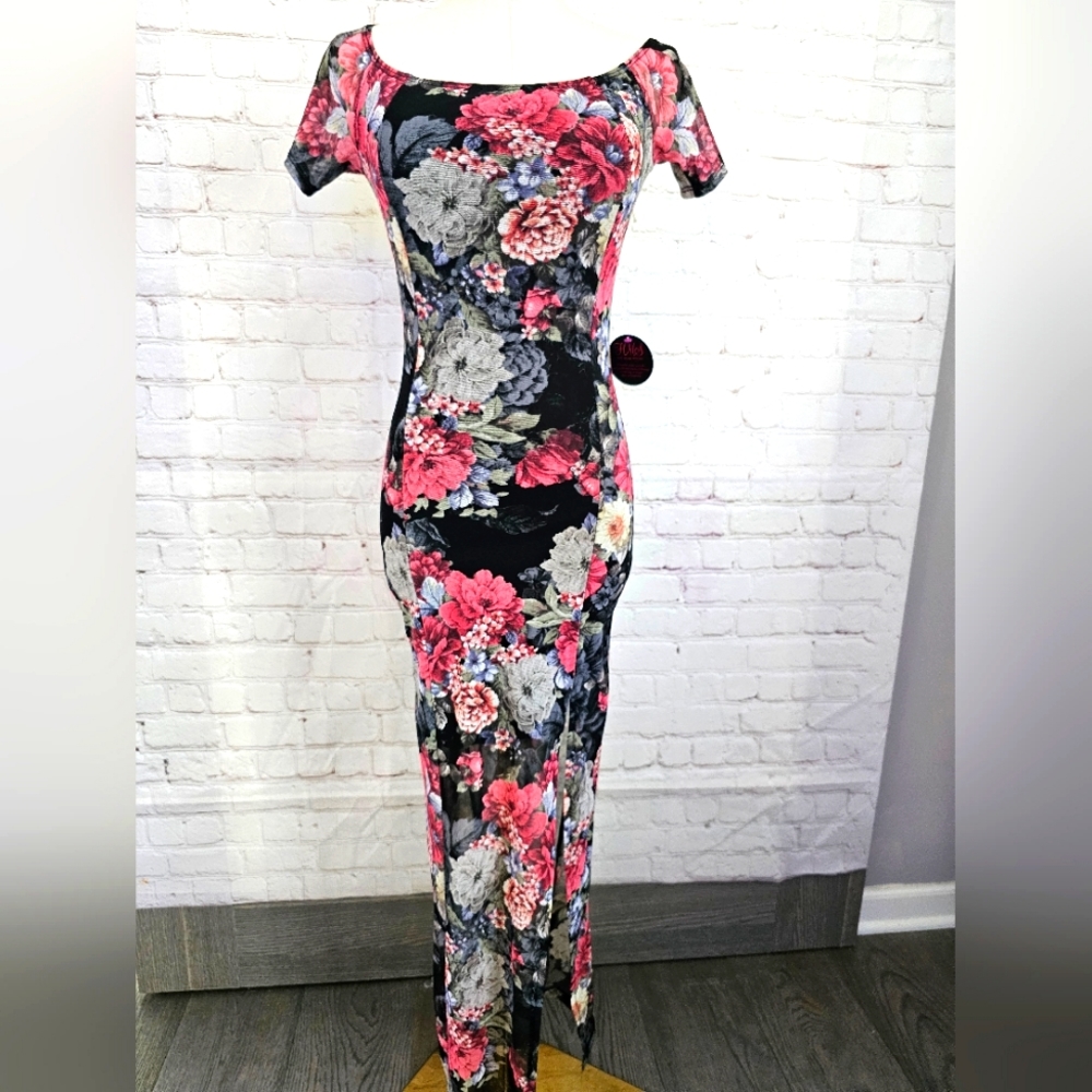 Hot Miami Styles Black Floral Maxi Dress with Pink & Gray Blooms